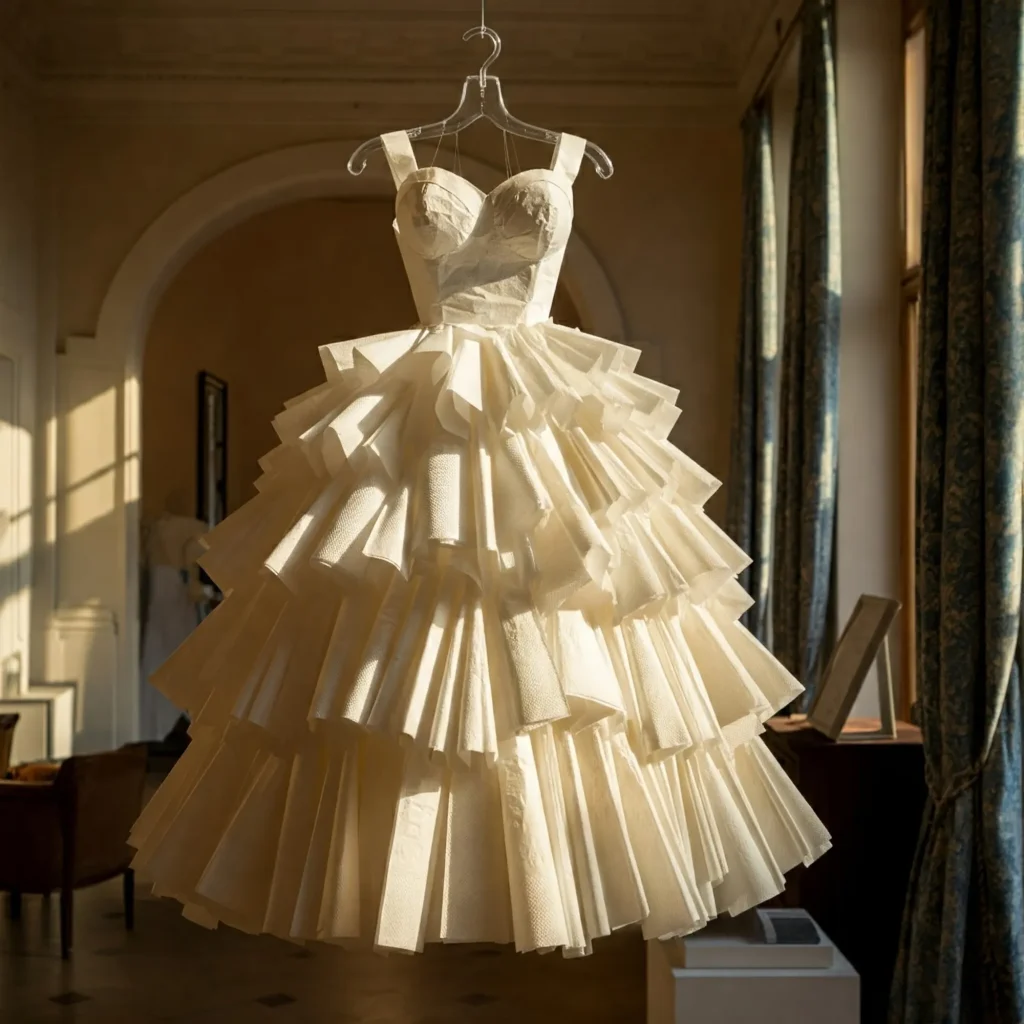Prompt: An animated image of a tiny dragon hatching from an egg in a sunlit meadow, surrounded by curious glowing butterflies. Vibrant colors, detailed scales. An image of a ball gown made of paper napkins in an elegant showroom. Prompt: An image of a ball gown made of paper napkins in an elegant showroom.