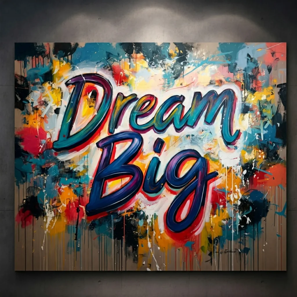 Prompt: A vibrant abstract painting with the words "Dream Big" splashed across the canvas in bold colors.